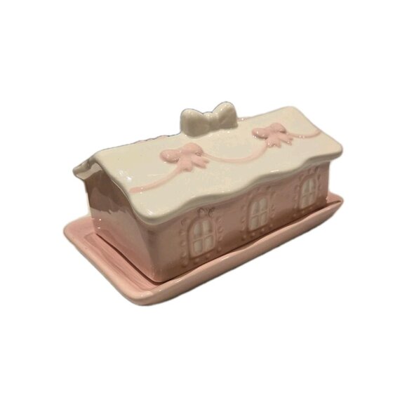 New Pink / White Ceramic Christmas Village Cottage House Bow Holiday Butter Dish - Picture 4 of 4